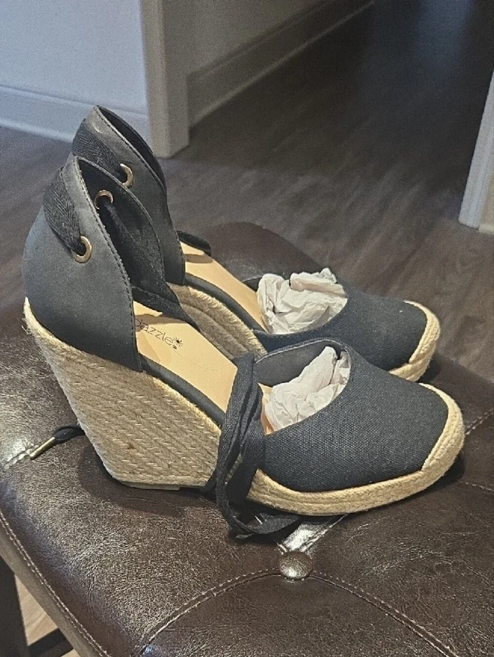Shoe Dazzle Black Espadrille Wedge Ankle Tie Sandals